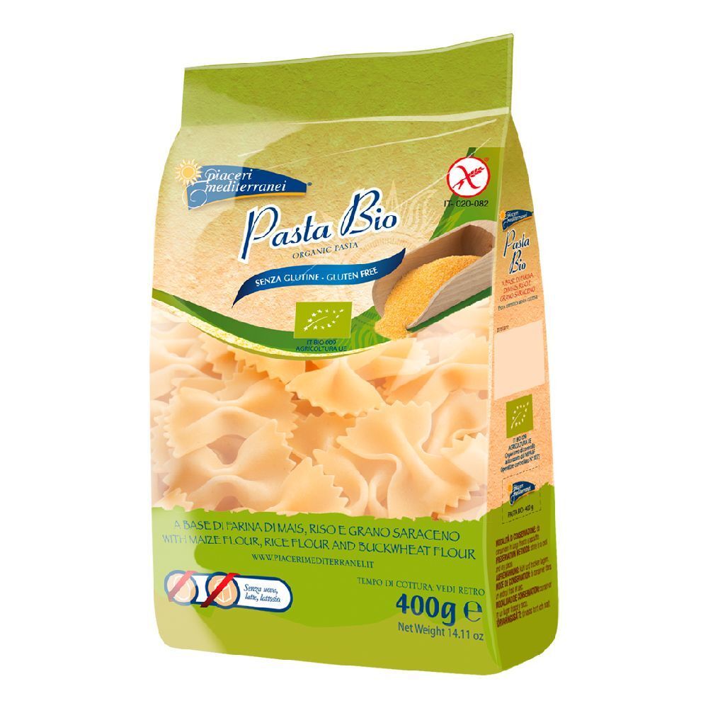 Confezione Piaceri Mediterranei Pasta Bio Farfalle. Senza glutine. 400g. Certificazione bio. Pasta farfalle visibile.