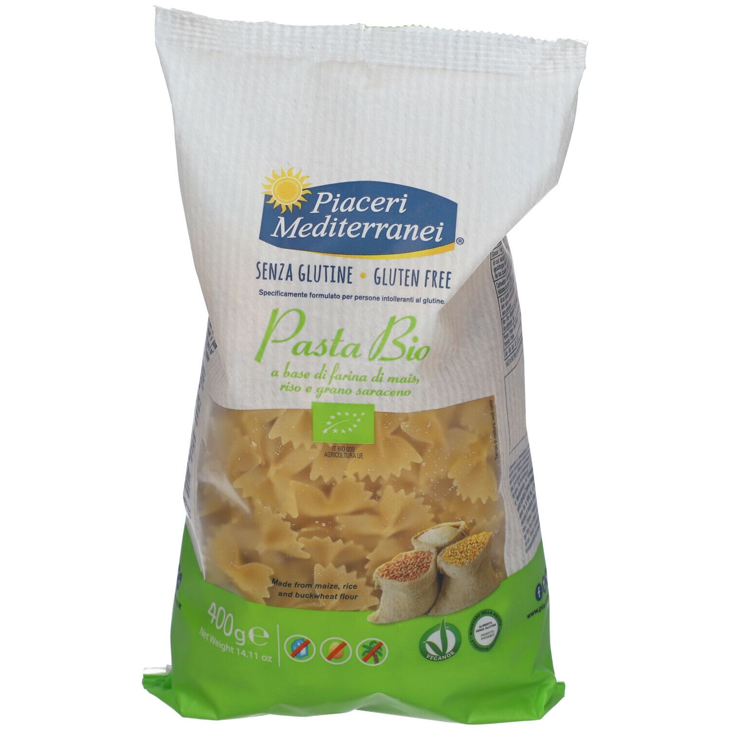 Confezione Piaceri Mediterranei Pasta Bio Farfalle. Senza glutine. 400g. Pasta farfalle visibile. Certificazione bio.