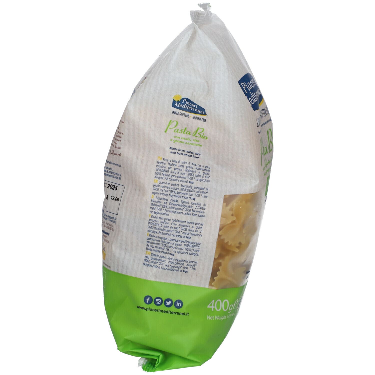 Confezione Piaceri Mediterranei Pasta Bio Farfalle. Senza glutine. 400g. Pasta farfalle visibile. Certificazione bio.