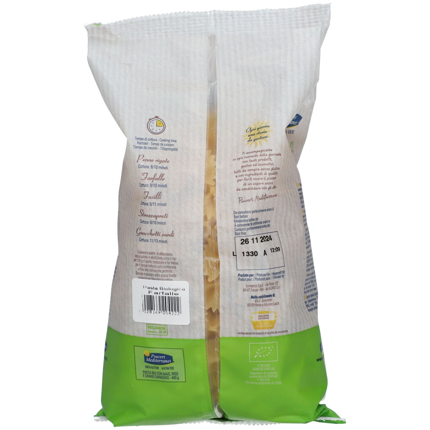 Retro confezione Piaceri Mediterranei Pasta Bio Farfalle. Elenco ingredienti, informazioni nutrizionali, data di scadenza.