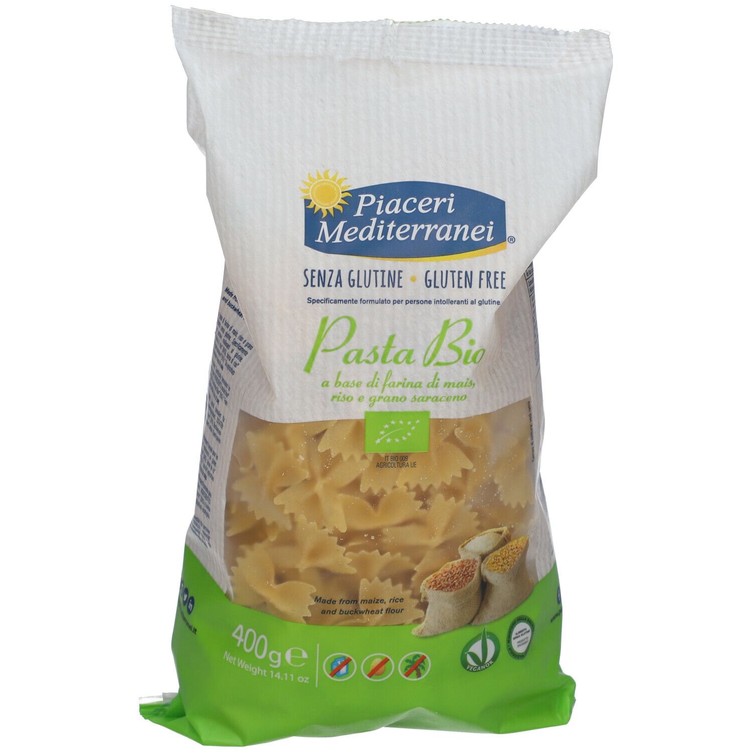 Retro confezione Piaceri Mediterranei Pasta Bio Farfalle. Elenco ingredienti, informazioni nutrizionali, data di scadenza.
