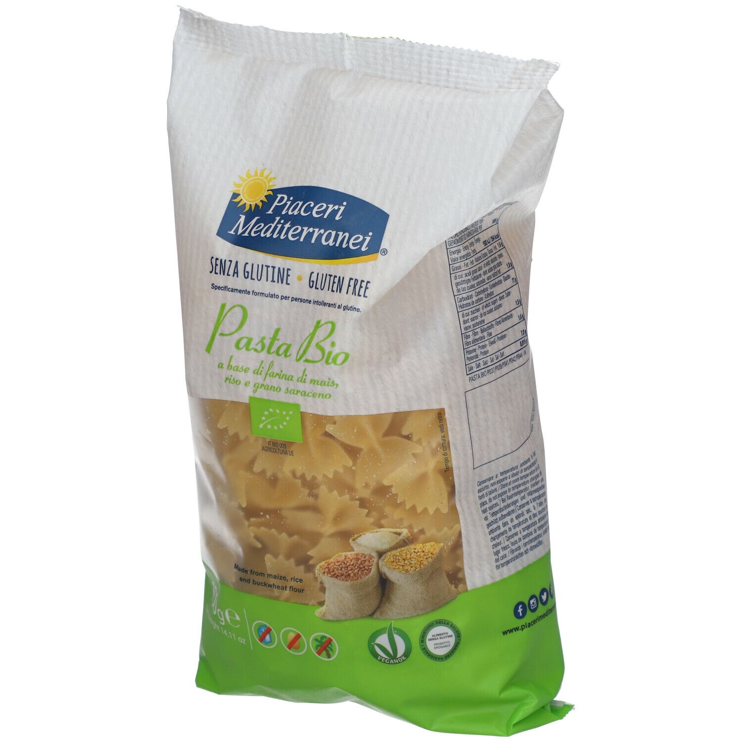 Confezione Piaceri Mediterranei Pasta Bio Farfalle. Senza glutine. 400g. Pasta farfalle visibile. Certificazione bio.