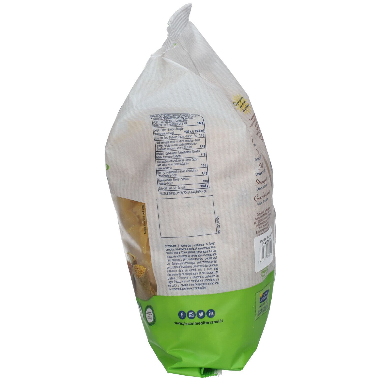Vista laterale della confezione Piaceri Mediterranei Pasta Bio Farfalle. Ingredienti, informazioni nutrizionali, data scadenza.