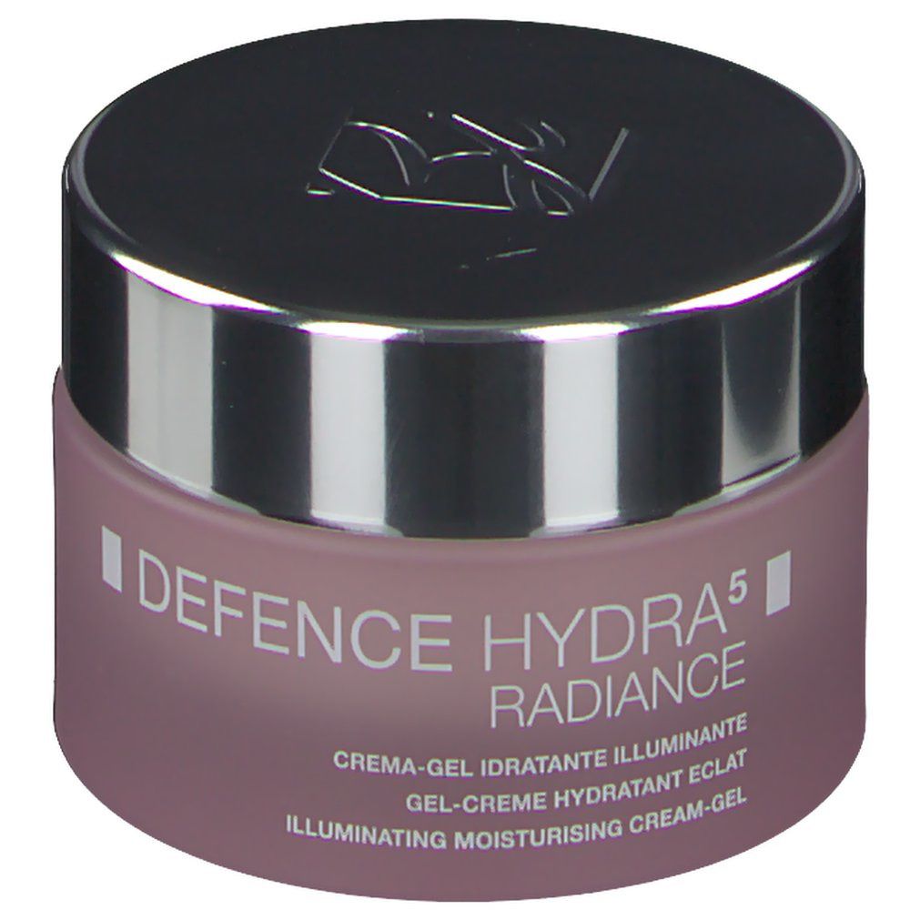 Rosa Tiegel mit silbernem Deckel. Aufschrift: DEFENCE HYDRA 5 RADIANCE. Text in italienischer, französischer und englischer Sprache.
