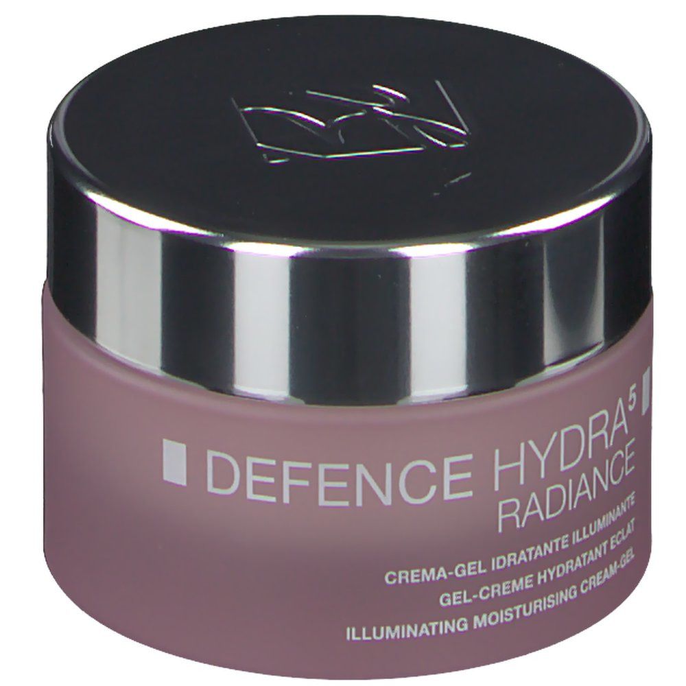 Rosa Tiegel mit silbernem Deckel. Aufschrift: DEFENCE HYDRA 5 RADIANCE. Text in italienischer, französischer und englischer Sprache.