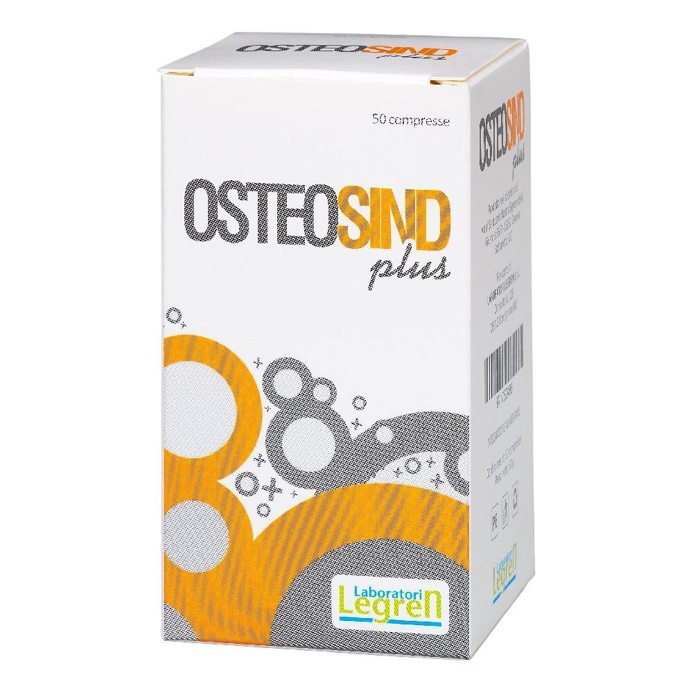 Scatola bianca con stampa del prodotto. Grafica arancione e grigia. Testo: Osteosind plus, 50 compresse, Laboratori Legren.