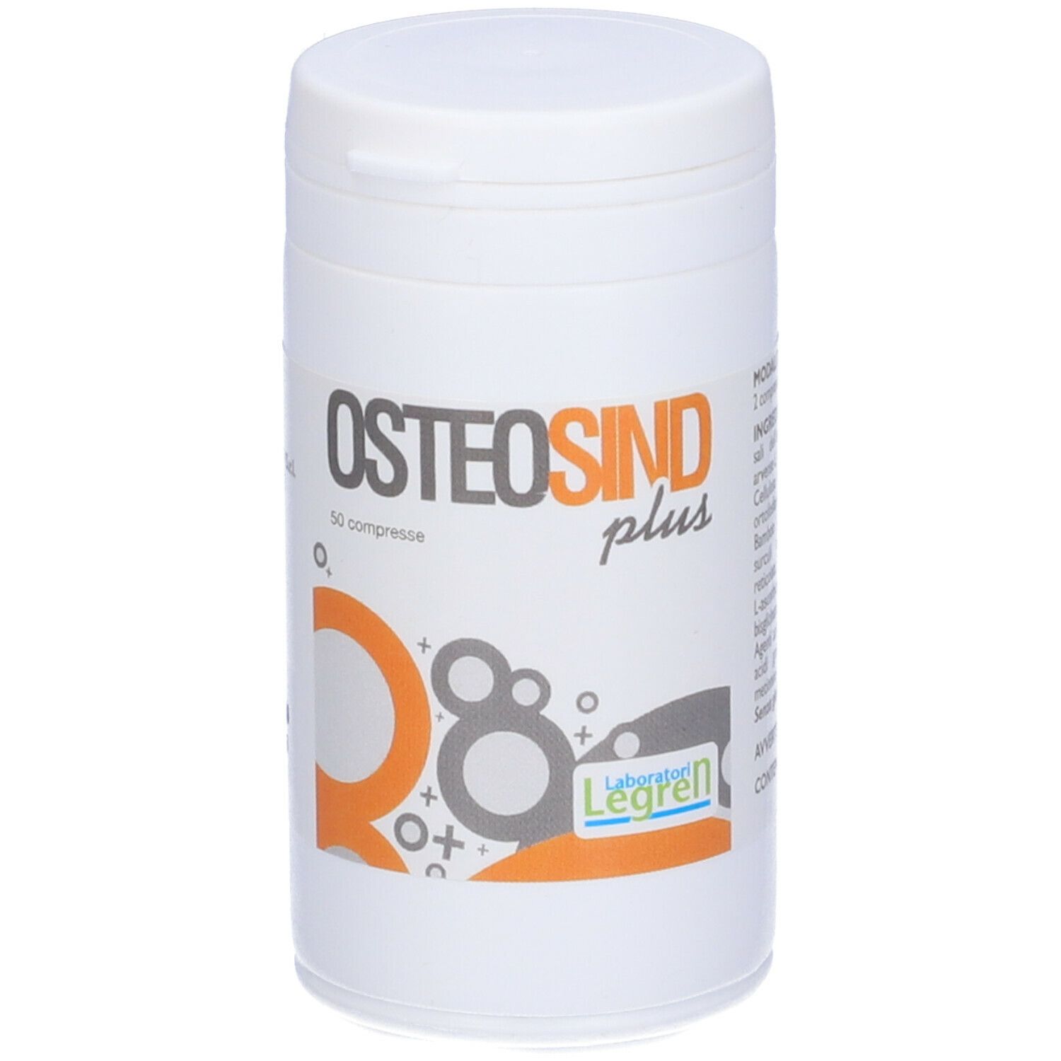 Barattolo cilindrico bianco con coperchio. Stampa: Osteosind plus, 50 compresse. Grafica arancione e grigia. Laboratori Legren.