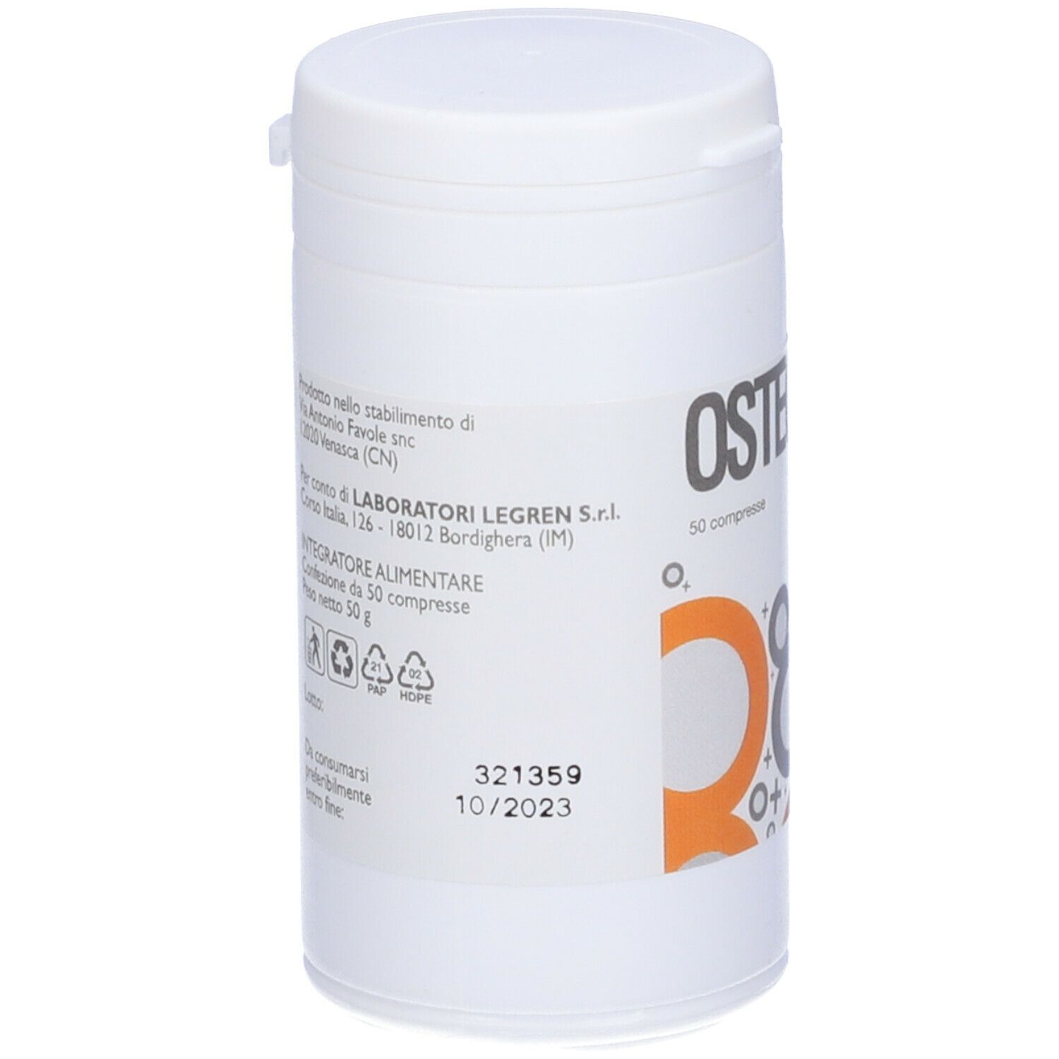 Barattolo cilindrico bianco con coperchio. Stampe e testo. Testo: Osteosind plus, 50 compresse. Scadenza 10/2023.