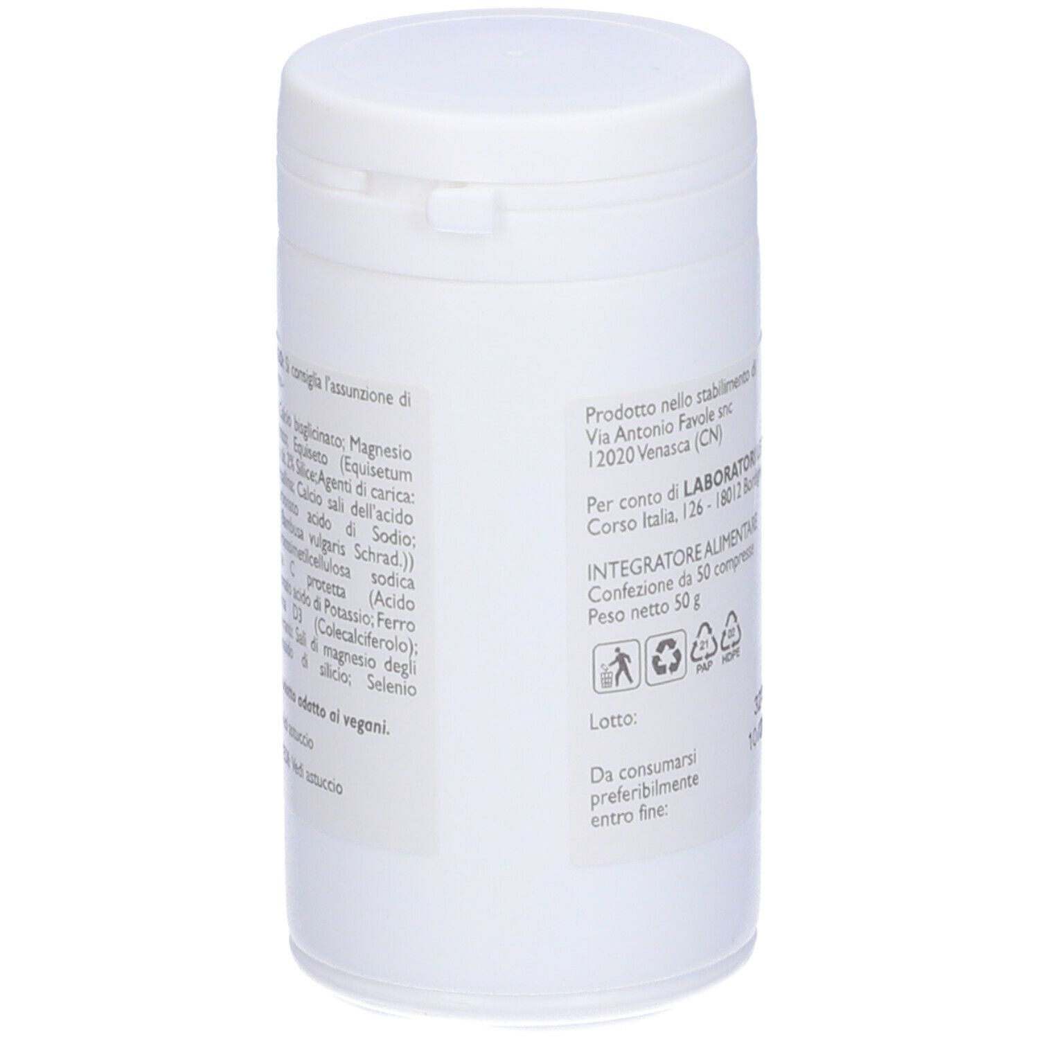 Barattolo cilindrico bianco con coperchio. Testo e stampe. Testo: Osteosind plus, 50 compresse. Ingredienti e informazioni produttore.