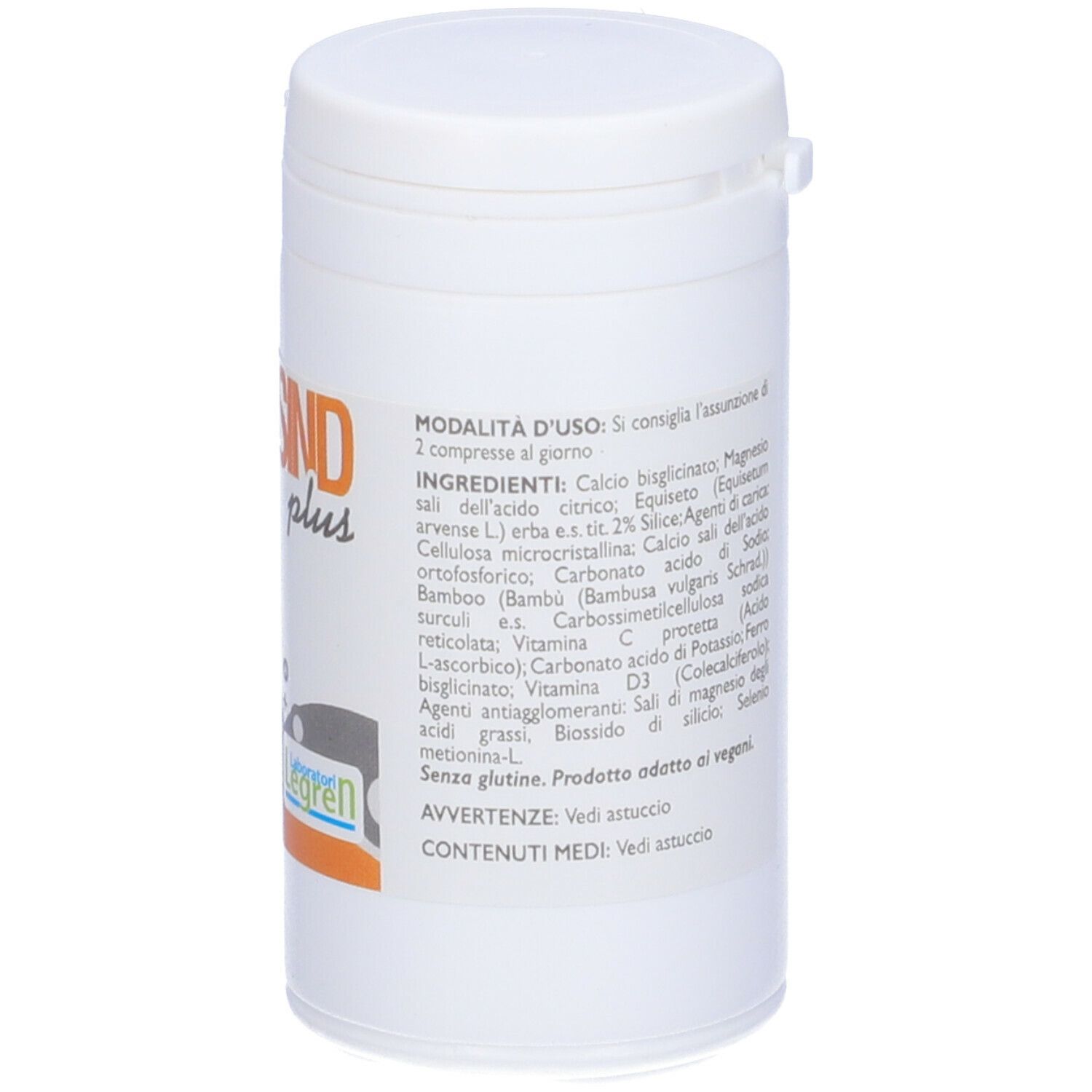 Barattolo cilindrico bianco con coperchio. Testo e stampe. Testo: Osteosind plus, 50 compresse. Ingredienti e istruzioni per l'uso.