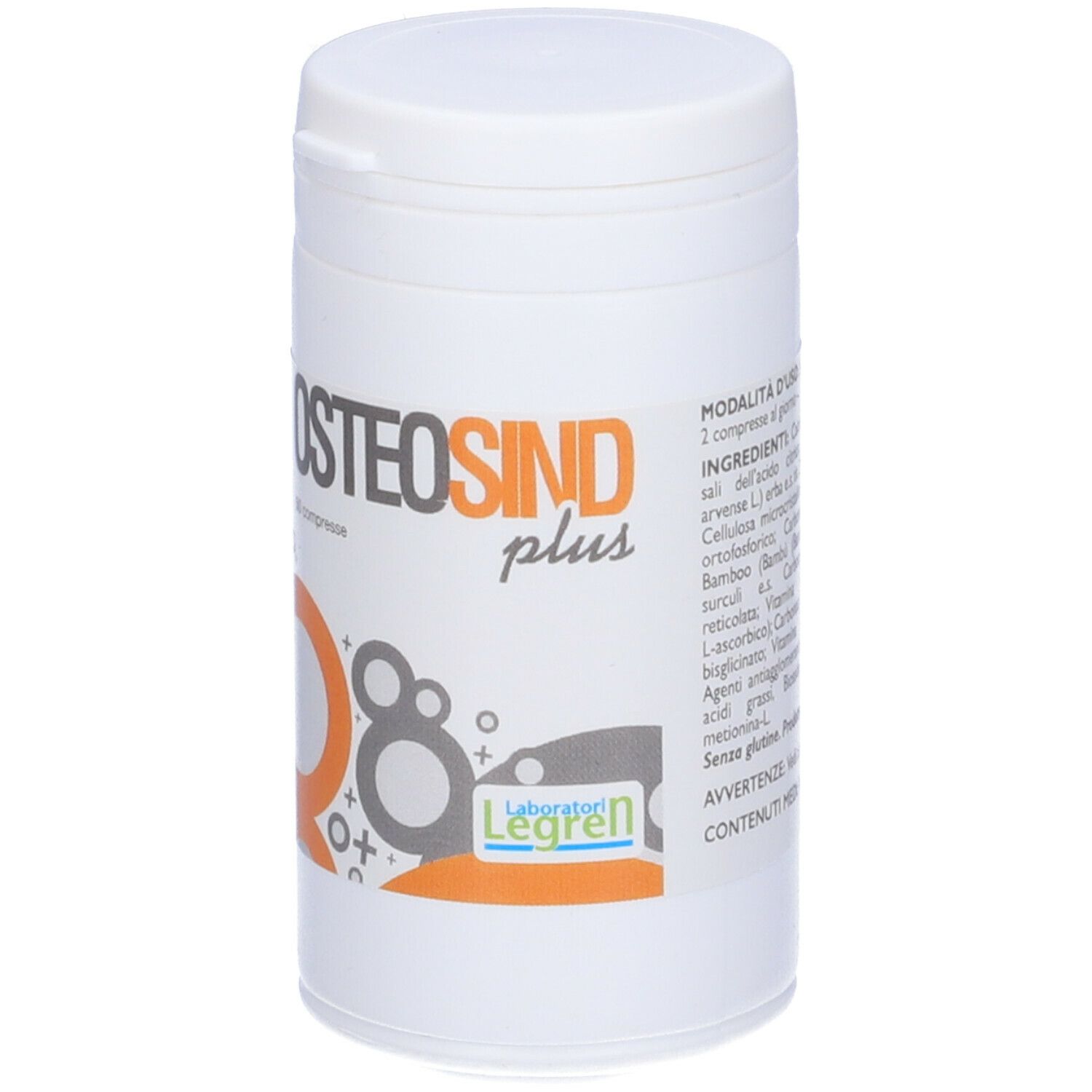Barattolo cilindrico bianco con coperchio. Stampa: Osteosind plus, 50 compresse. Grafica arancione e grigia. Laboratori Legren.