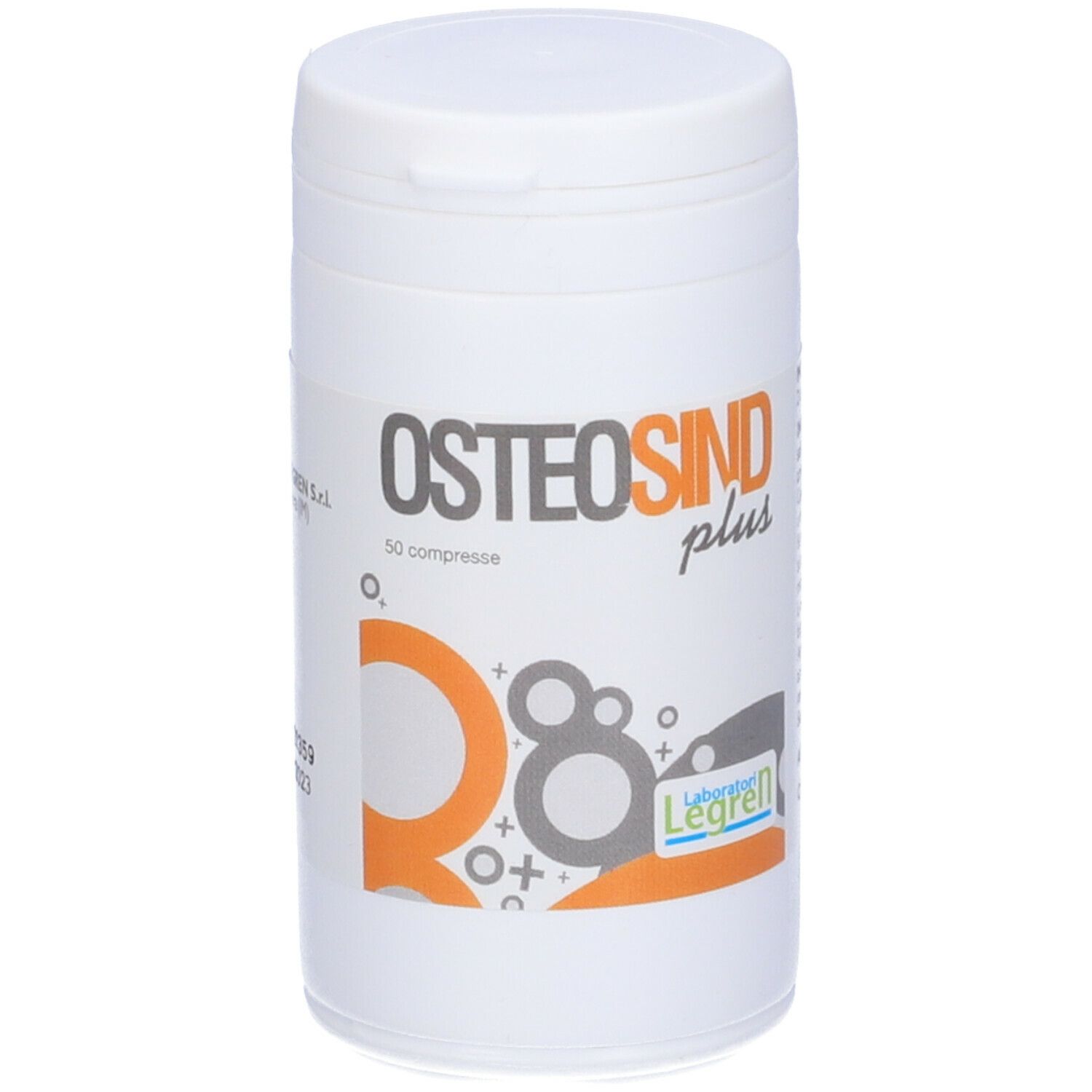Barattolo cilindrico bianco con coperchio. Stampa: Osteosind plus, 50 compresse. Grafica arancione e grigia. Laboratori Legren.