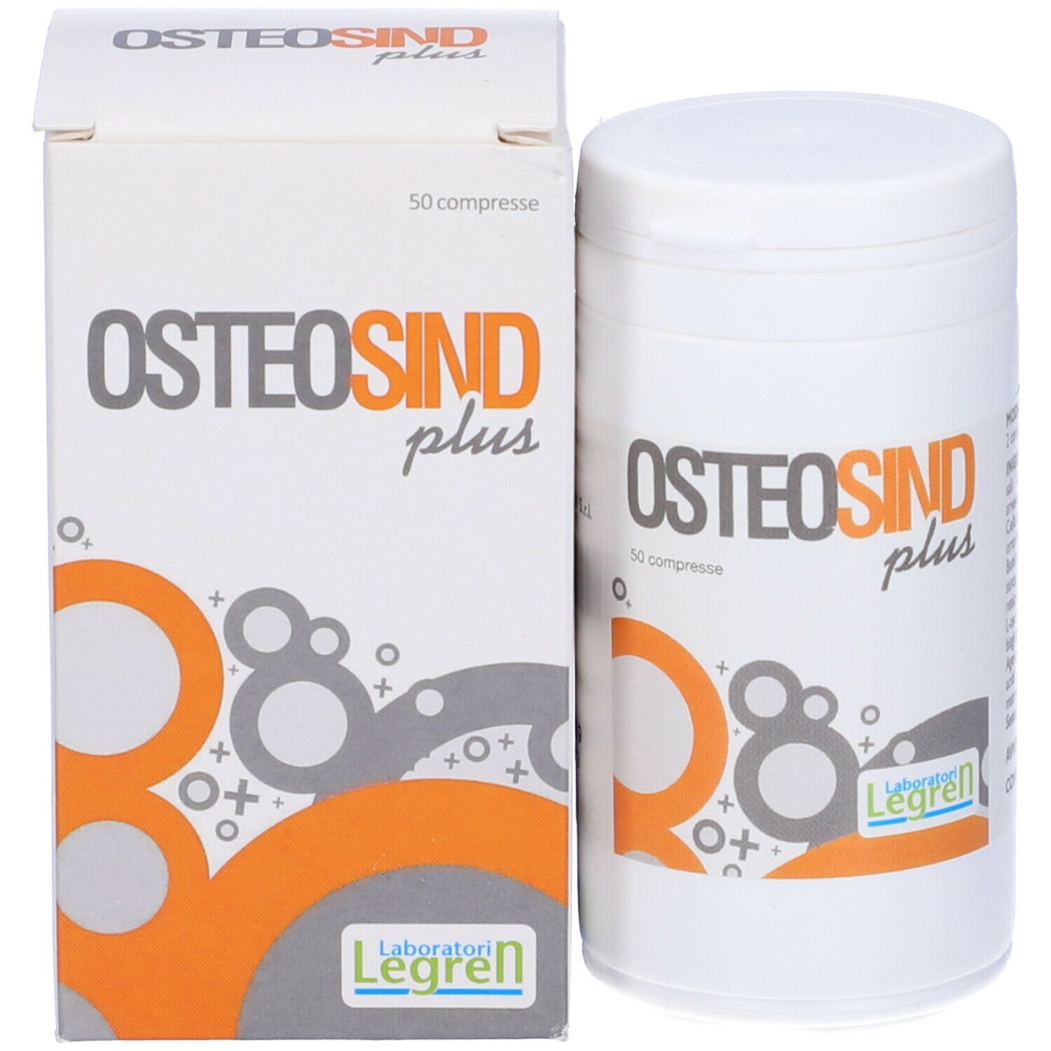 Confezione del prodotto: barattolo e scatola. Stampa: Osteosind plus, 50 compresse. Grafica arancione e grigia. Laboratori Legren.
