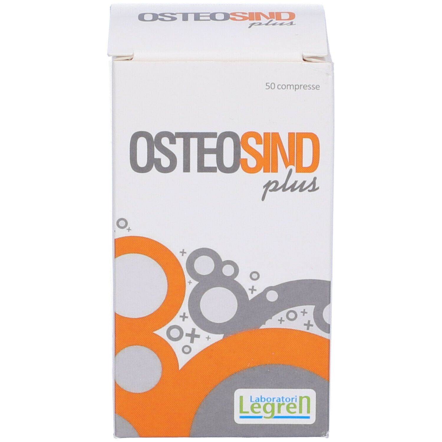 Scatola bianca con stampa del prodotto. Testo: Osteosind plus, 50 compresse. Grafica arancione e grigia. Laboratori Legren.