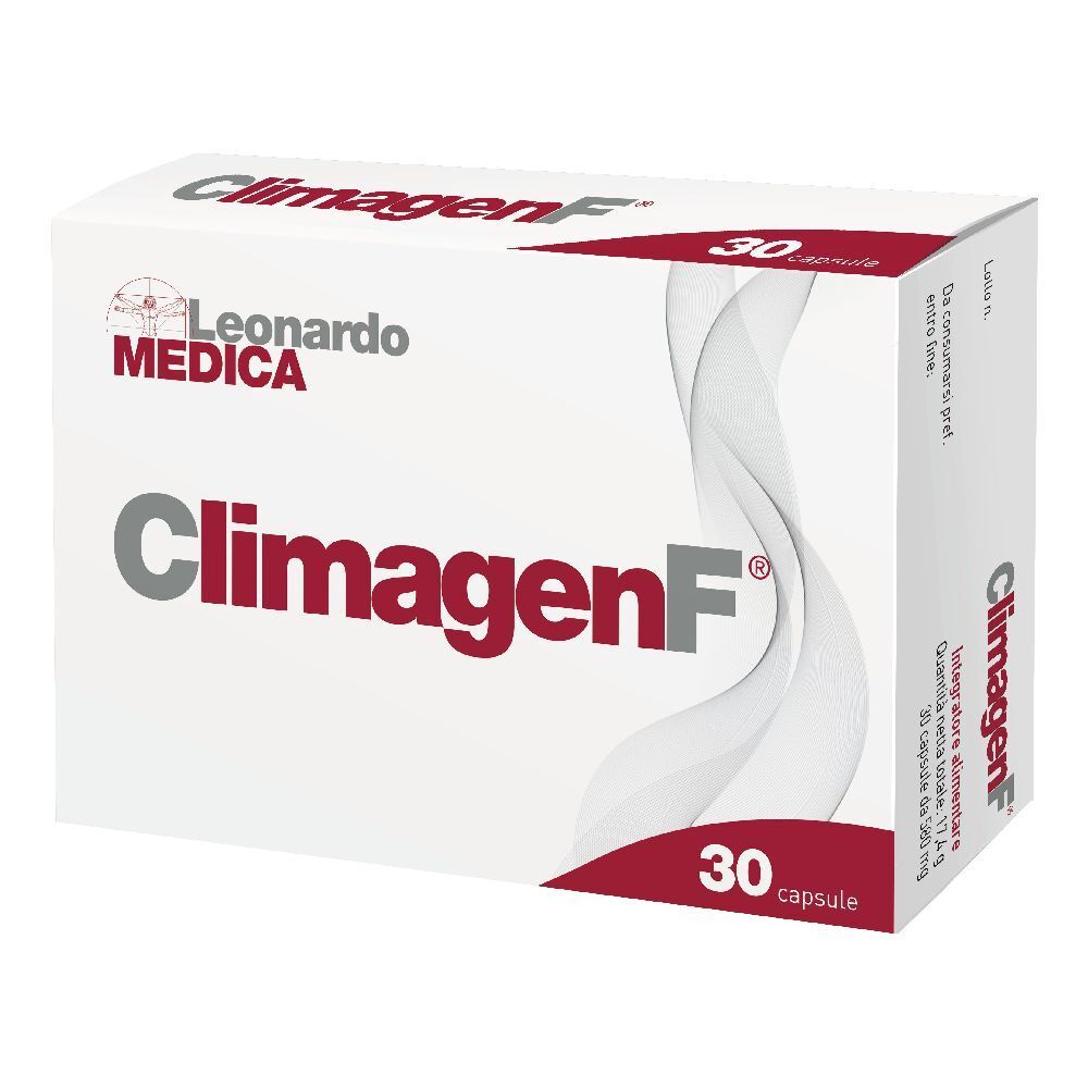 Scatola bianca con testo rosso e grigio. Scritto: ClimagenF, 30 capsule. Marchio: Leonardo Medica.