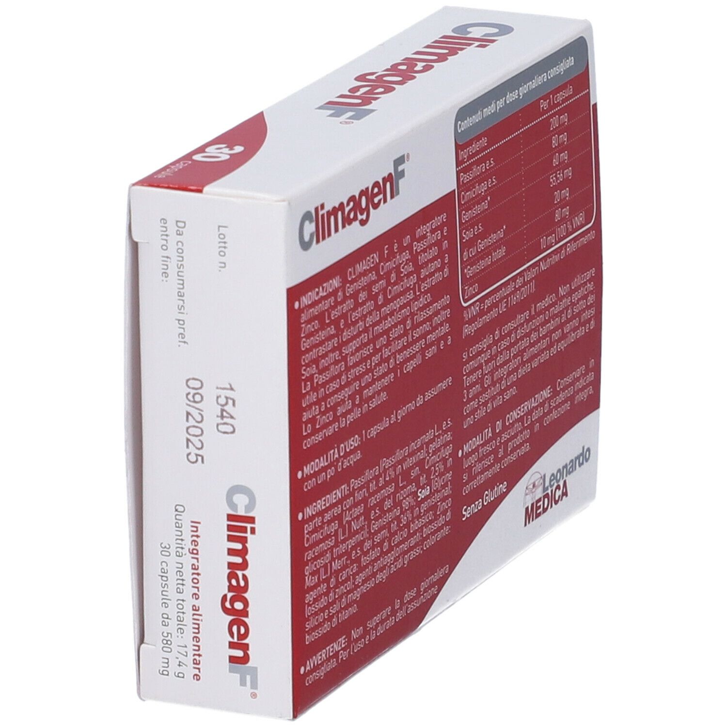 Retro della scatola bianca con testo rosso e grigio. Scritto: ClimagenF, 30 capsule. Marchio: Leonardo Medica. Testo in italiano.