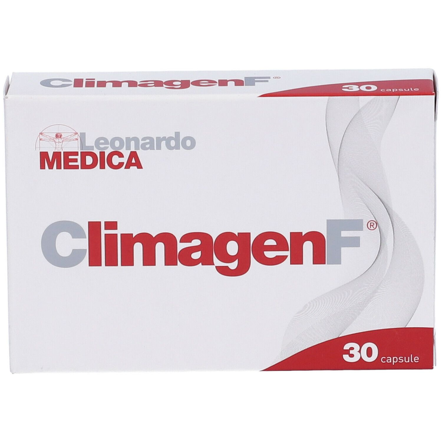 Scatola bianca con testo rosso e grigio. Scritto: ClimagenF, 30 capsule. Marchio: Leonardo Medica.