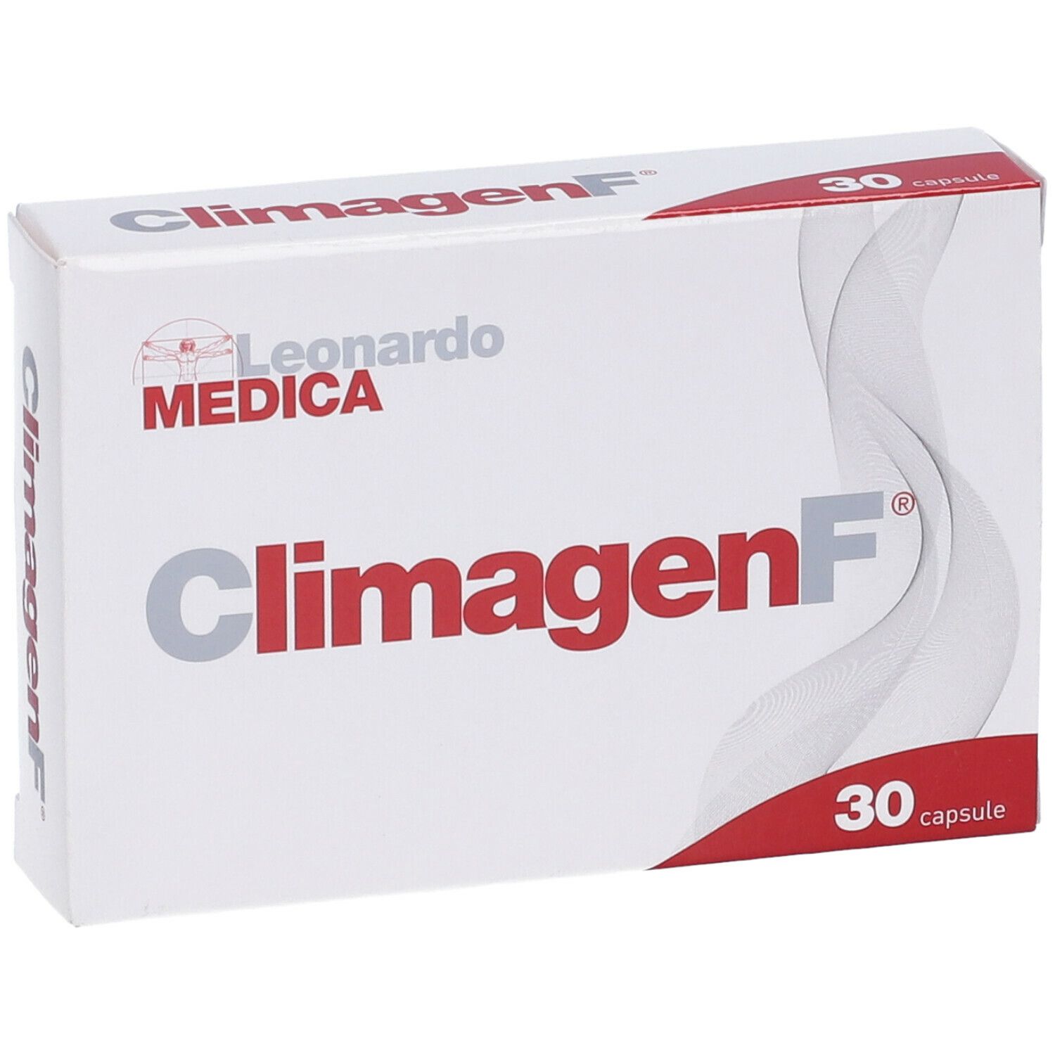 Scatola bianca con testo rosso e grigio. Scritto: ClimagenF, 30 capsule. Marchio: Leonardo Medica.