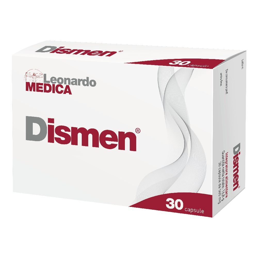 Scatola bianca "Dismen" con "30 capsule". Marchio Leonardo Medica.