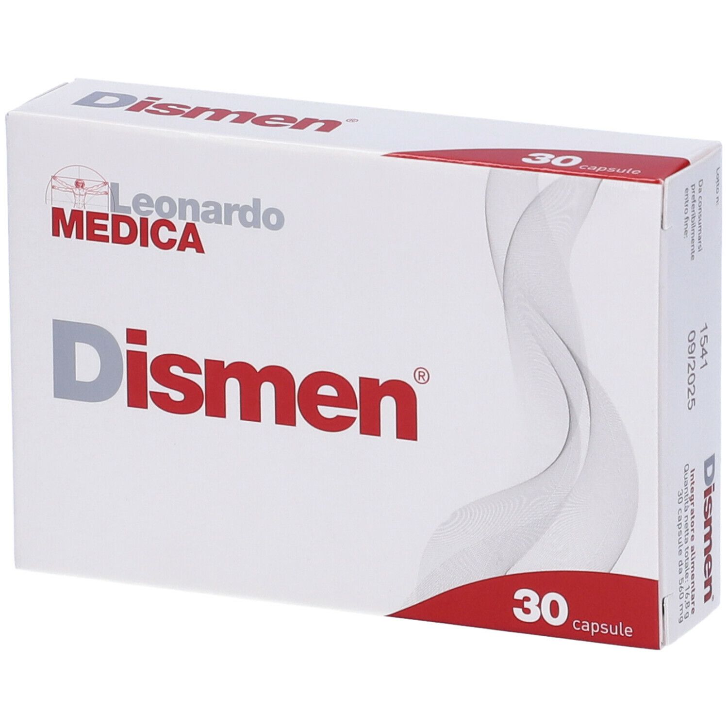 Scatola bianca "Dismen" con "30 capsule". Marchio Leonardo Medica. Forma ondulata bianca.