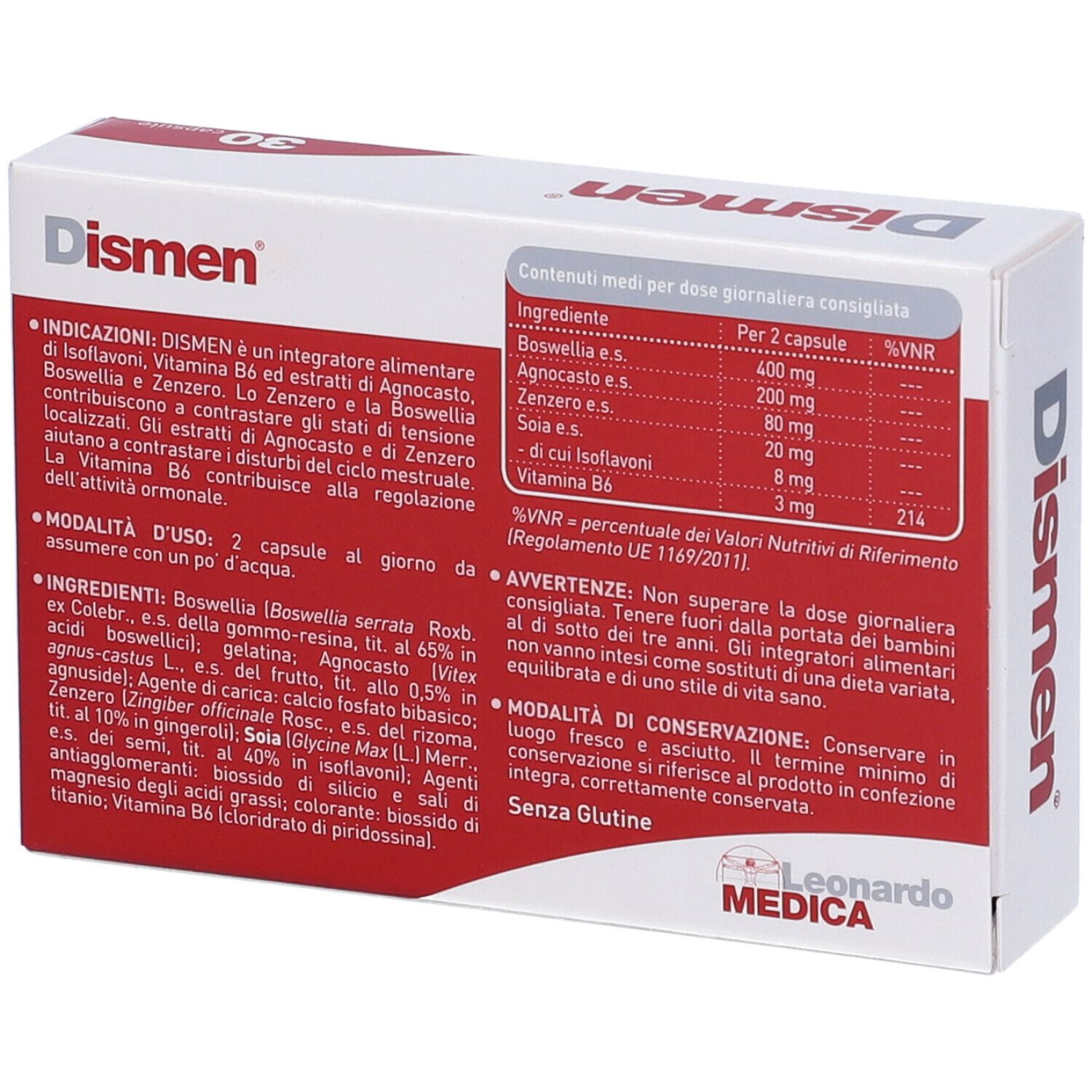 Retro della scatola "Dismen". Contiene ingredienti, istruzioni e avvertenze. Marchio Leonardo Medica.