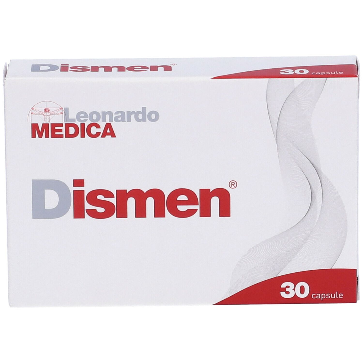 Scatola bianca "Dismen" con "30 capsule". Marchio Leonardo Medica. Forma ondulata bianca.