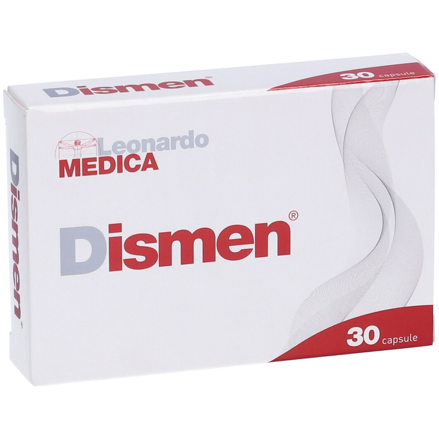 Scatola bianca "Dismen" con "30 capsule". Marchio Leonardo Medica. Forma ondulata bianca.