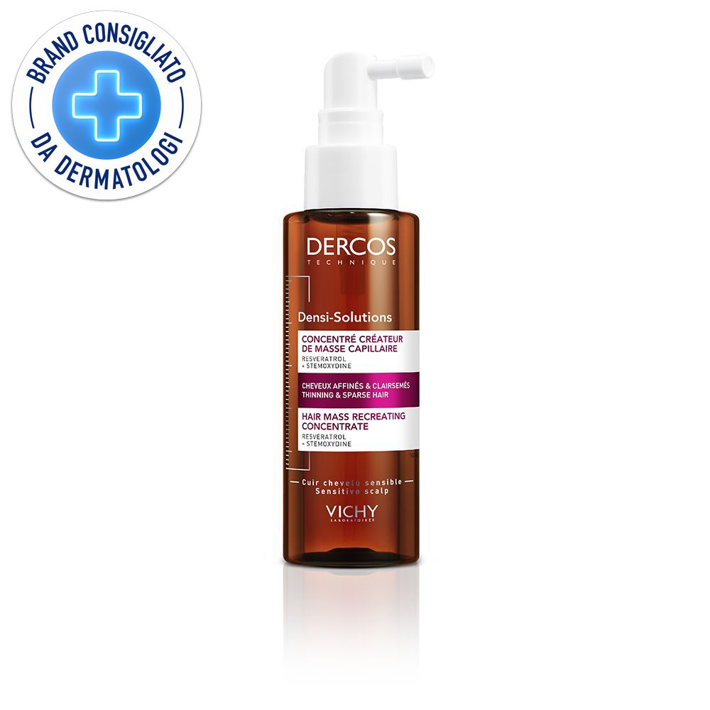Flacone marrone con applicatore bianco. Scritte: Dercos, Densi-Solutions, Hair Mass. Sigillo: Brand Consigliato da Dermatologi.