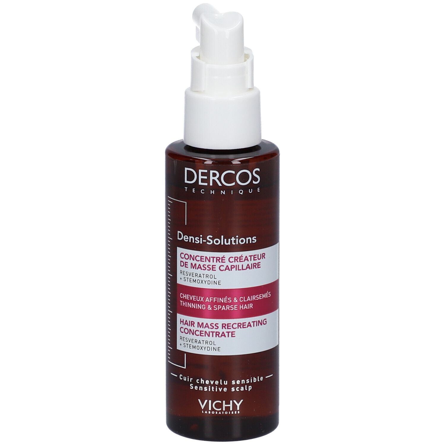 Flacone marrone con applicatore bianco. Scritte: Dercos, Densi-Solutions, Hair Mass. Testo: Resveratrolo, Stemoxydine.