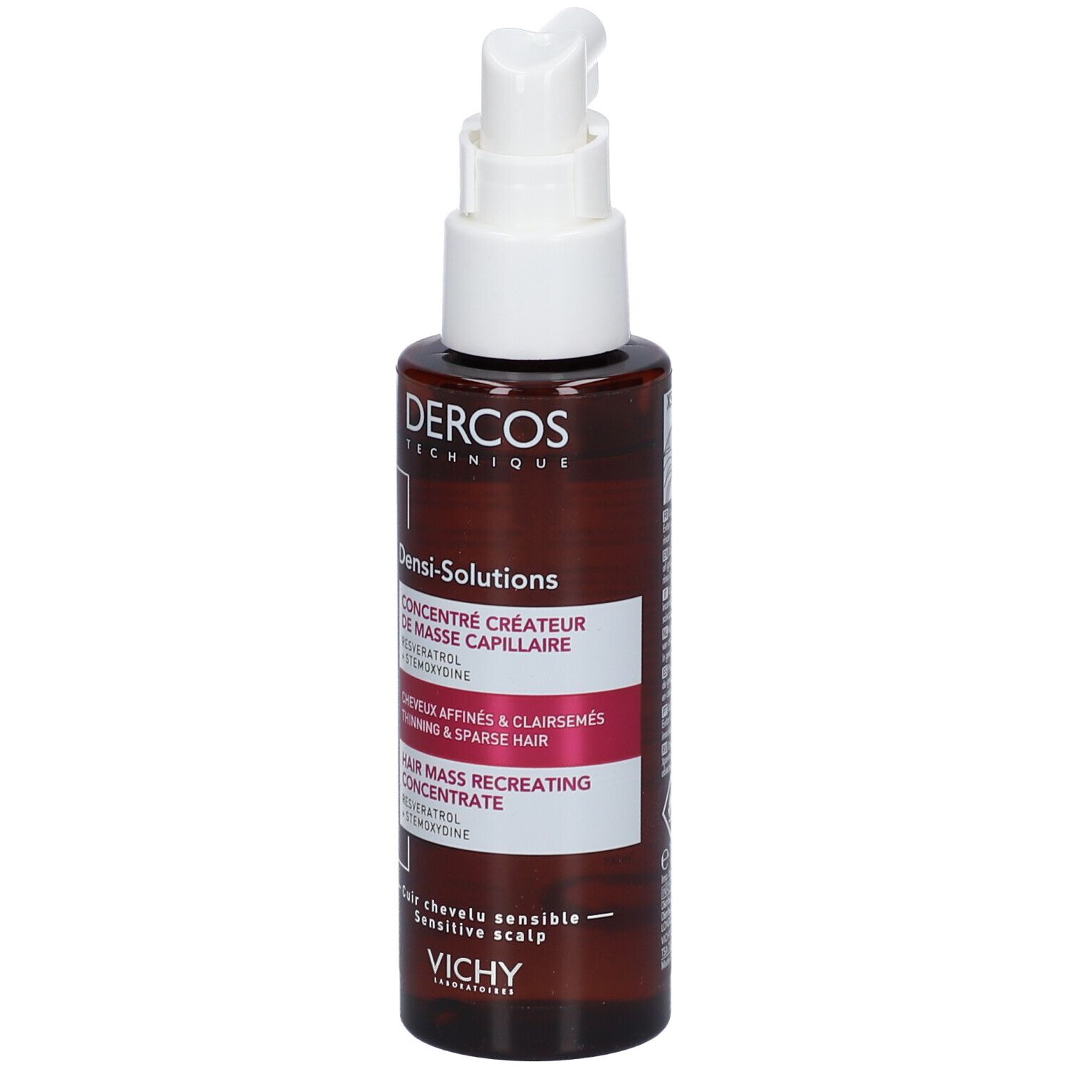Flacone marrone con applicatore bianco. Scritte: Dercos, Densi-Solutions, Hair Mass. Testo: Resveratrolo, Stemoxydine.