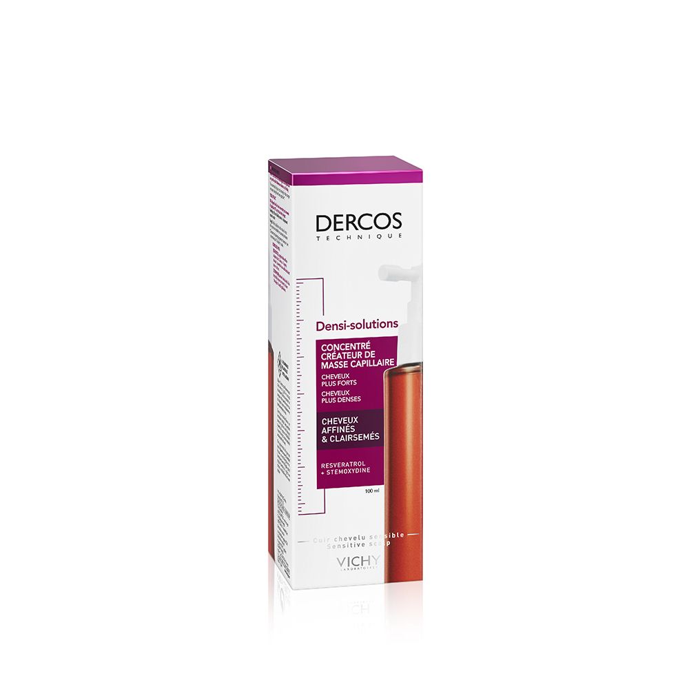 Confezione di Dercos Densi-Solutions. Bianca con accenti viola. Flacone con applicatore visibile. Testo: Dercos, Densi-Solutions.