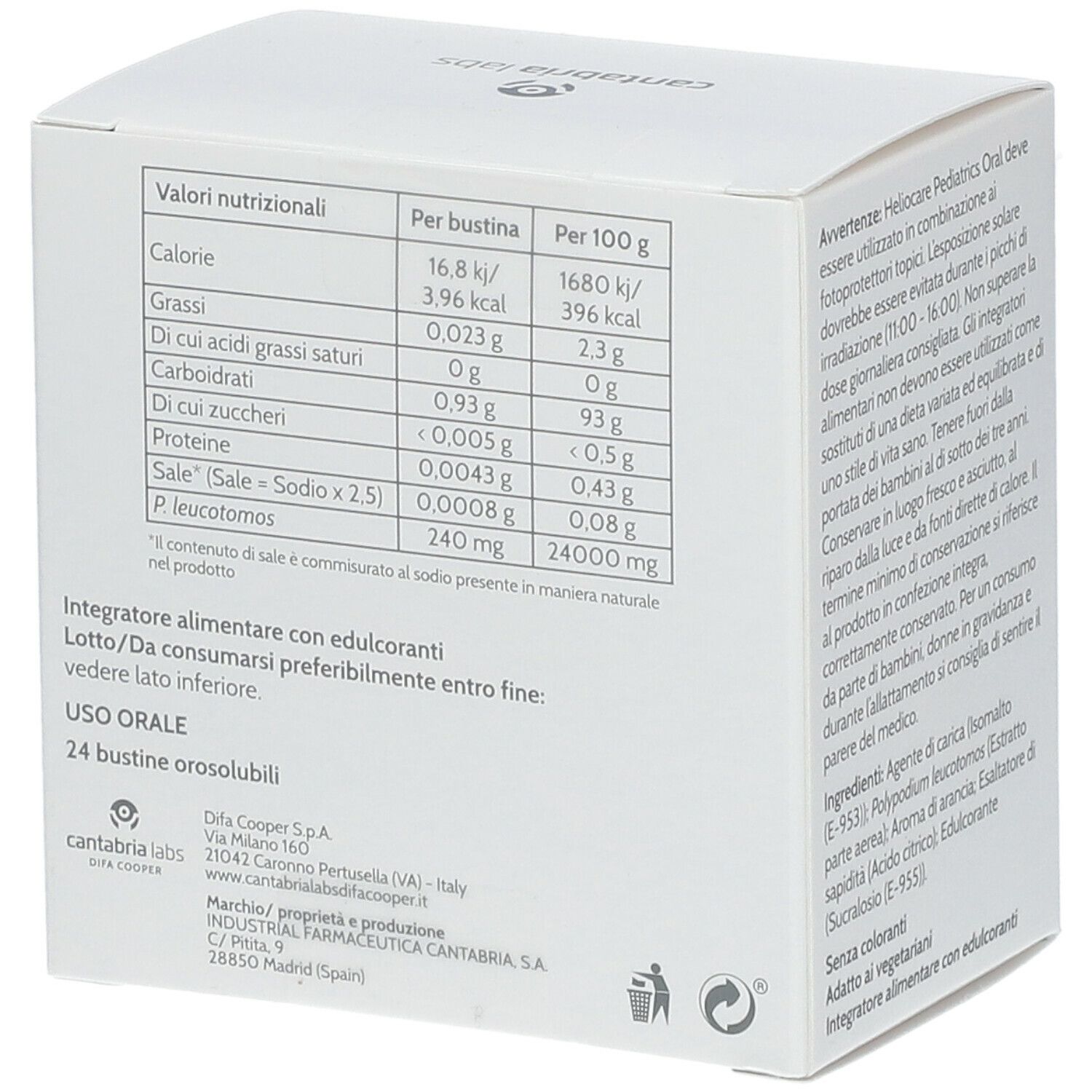 Boîte blanche avec couvercle orange. Inscription: Heliocare Pediatrics Oral. Marque: Cantabria Labs. Contient des informations nutritionnelles.