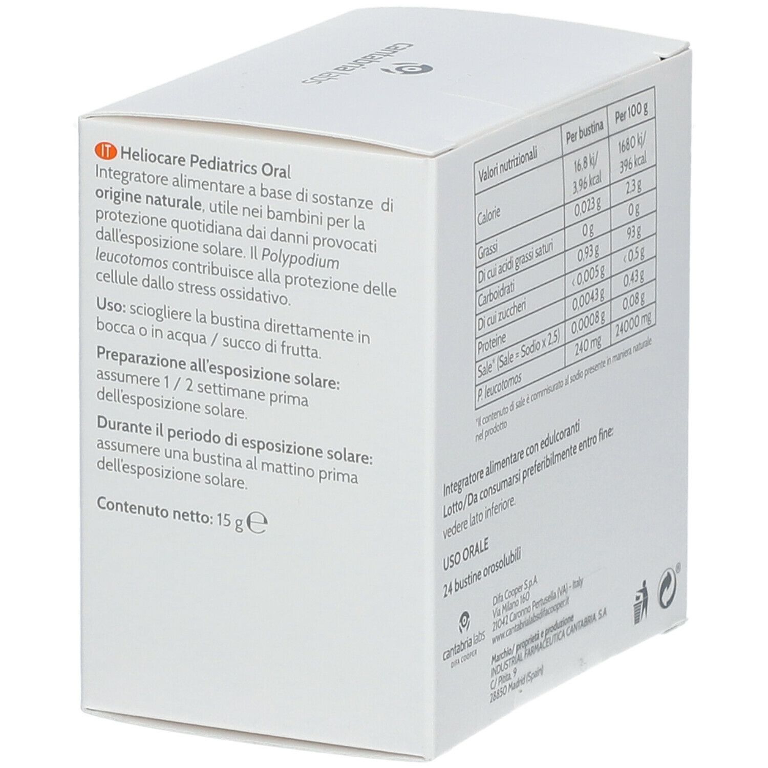 Boîte blanche avec couvercle orange. Inscription: Heliocare Pediatrics Oral. Marque: Cantabria Labs. Contient des instructions d'utilisation.