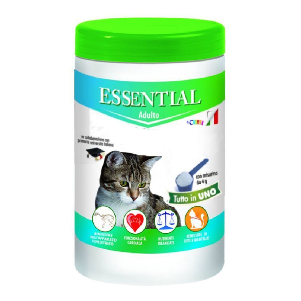 Barattolo cilindrico con coperchio verde. Scritta "ESSENTIAL Adulto". Immagine di un gatto e pittogrammi.