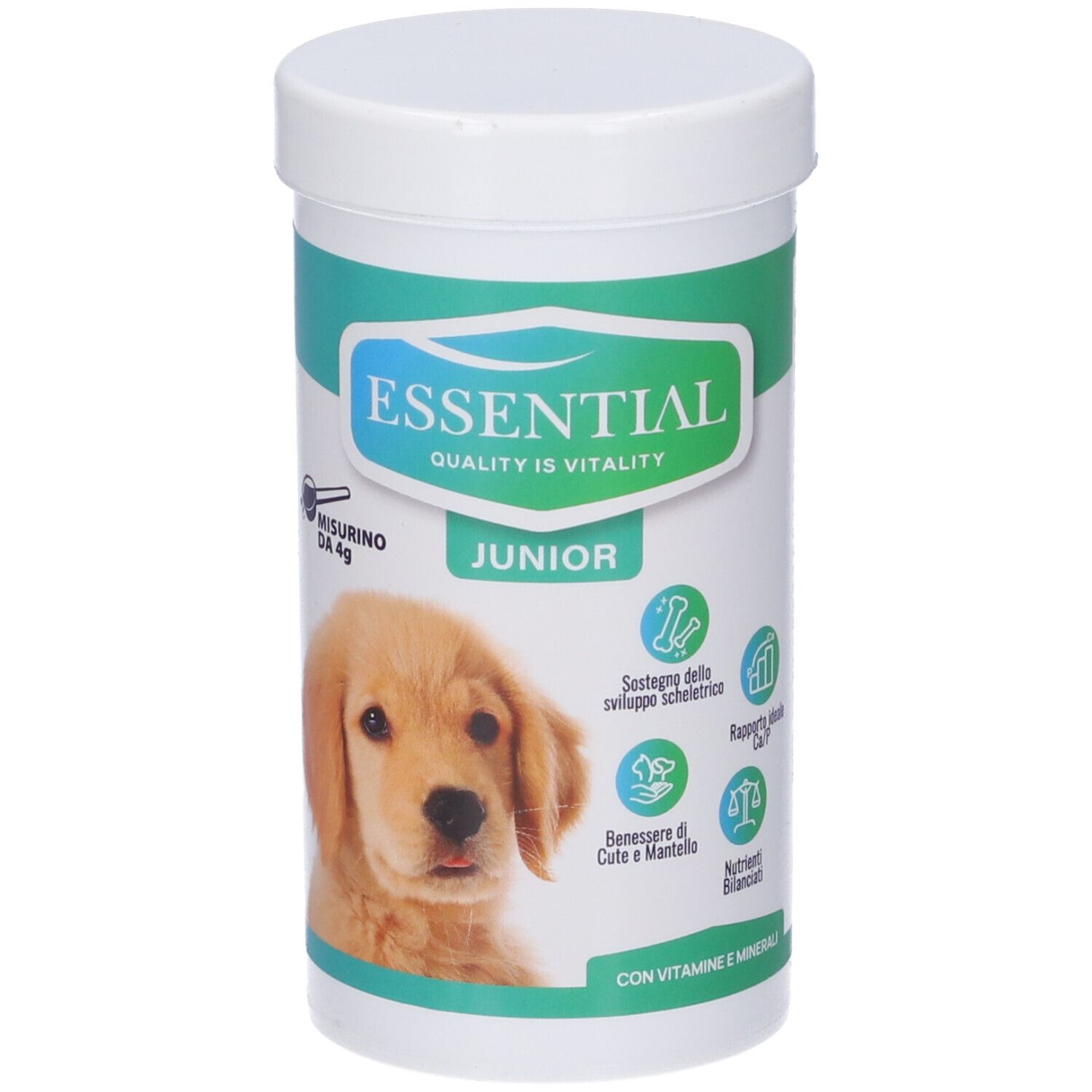 Contenitore bianco con etichetta verde-blu. Scritta: ESSENTIAL, JUNIOR. Immagine di un cucciolo. Con vitamine e minerali.