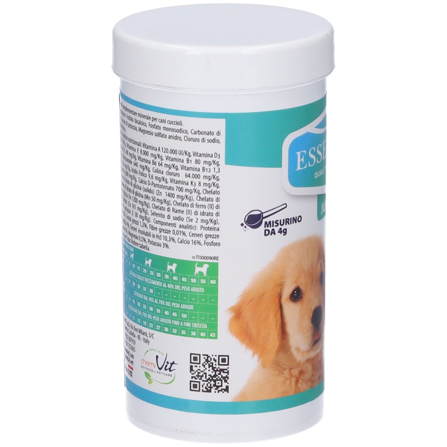 Contenitore bianco. Retro con informazioni nutrizionali e tabella. Immagine di un cucciolo. Simbolo misurino.