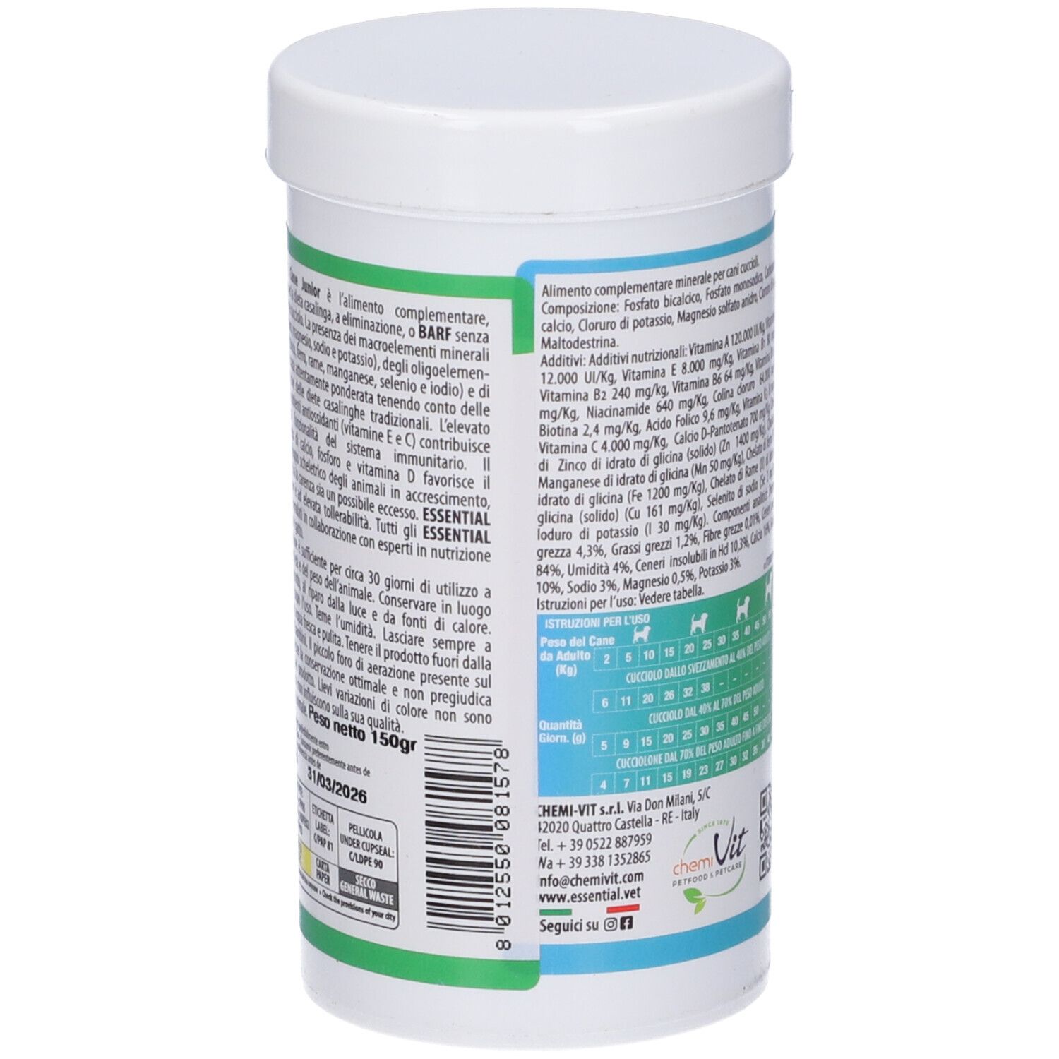 Contenitore bianco. Retro con testo e informazioni nutrizionali. Scritta verde e bianca. Peso: 150g.