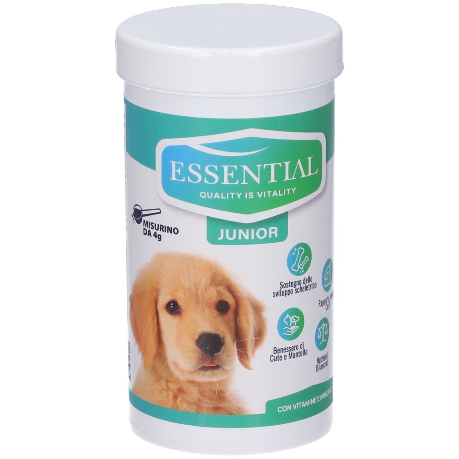 Contenitore bianco con etichetta verde-blu. Scritta: ESSENTIAL, JUNIOR. Immagine di un cucciolo. Con vitamine e minerali.