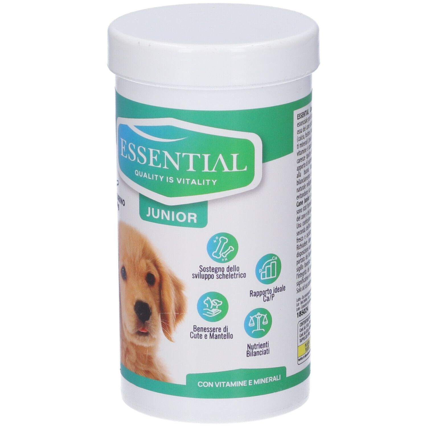 Contenitore bianco con etichetta verde-blu. Scritta: ESSENTIAL, JUNIOR. Immagine di un cucciolo. Con vitamine e minerali.