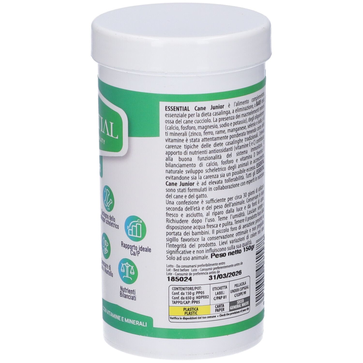 Contenitore bianco con etichetta verde-blu. Scritta: ESSENTIAL, Cane Junior. Peso: 150g. Data di scadenza.