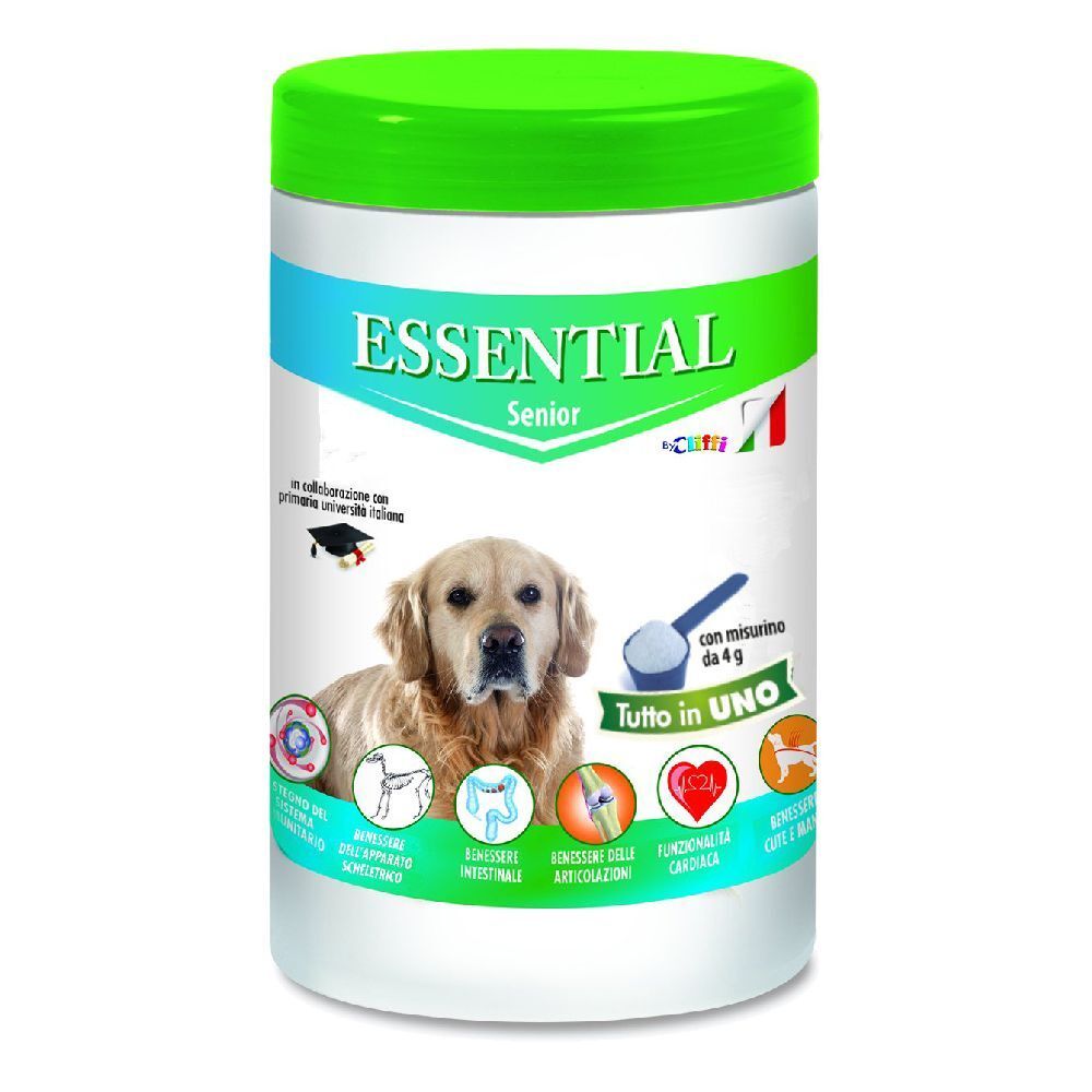 Contenitore bianco e verde. Scritta: ESSENTIAL Senior. Immagine di cane. Loghi e testo.