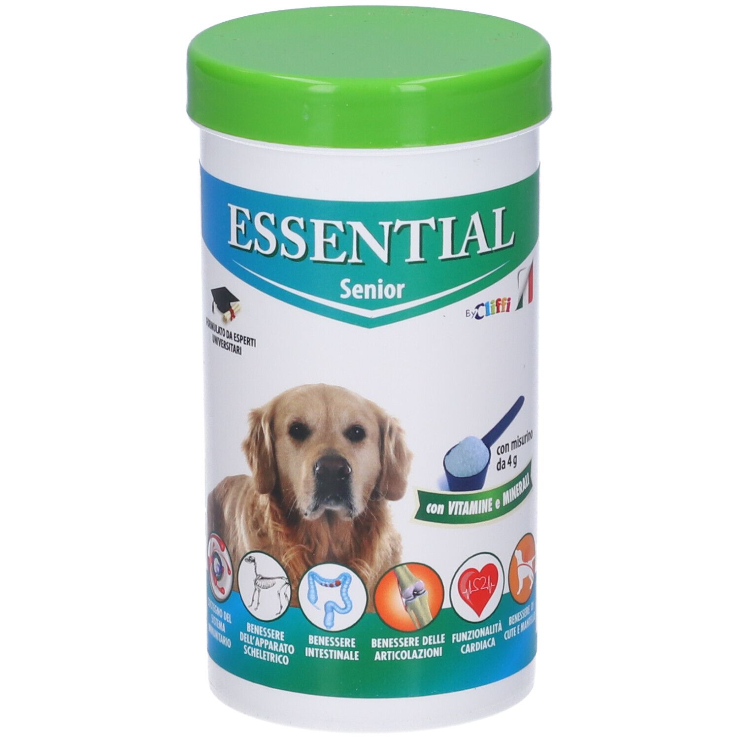 Contenitore bianco e verde. Scritta: ESSENTIAL Senior. Immagine di cane. Testo: con vitamine e minerali.