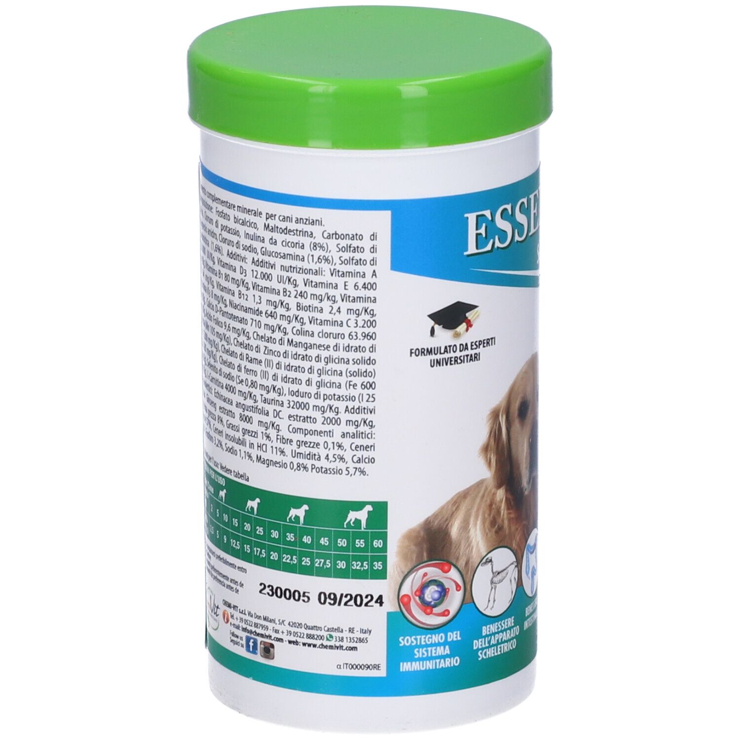 Contenitore bianco e verde. Testo e informazioni nutrizionali. Immagine di cane.