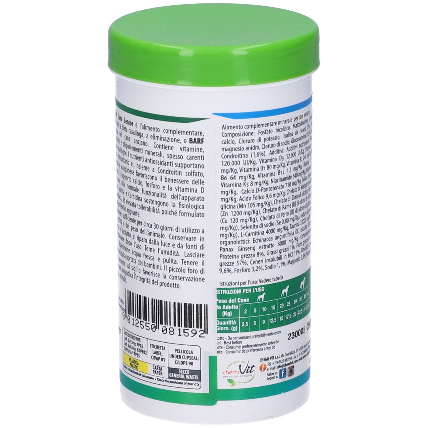Contenitore bianco e verde. Testo e informazioni nutrizionali. Immagine di cane.