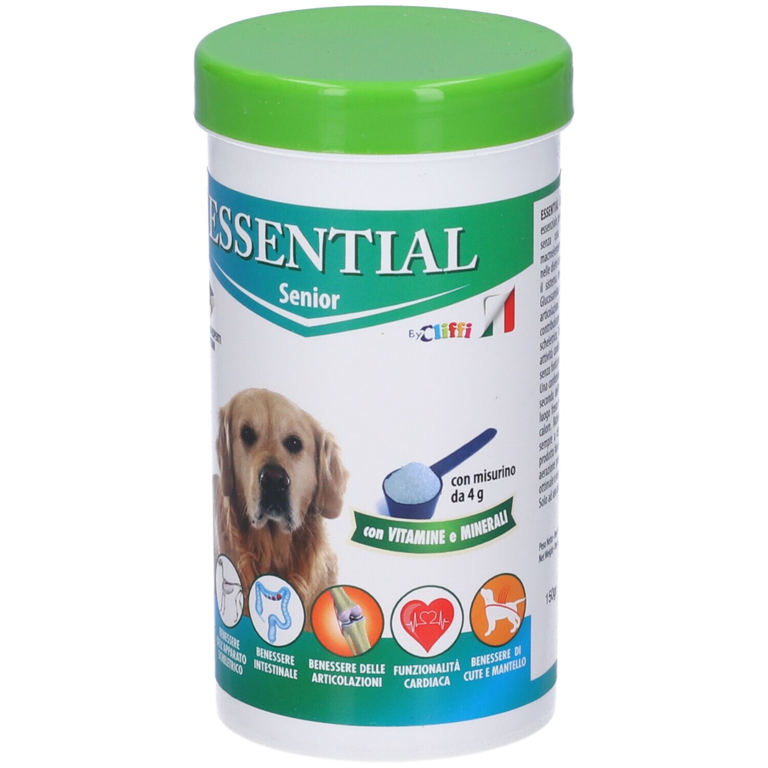 Contenitore bianco e verde. Scritta: ESSENTIAL Senior. Immagine di cane. Testo: con vitamine e minerali.