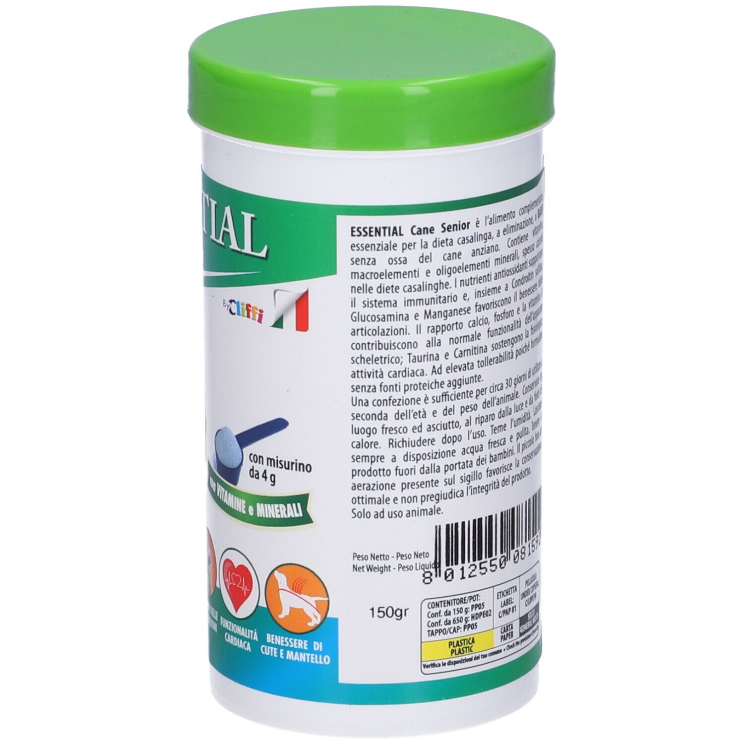 Contenitore bianco e verde. Testo e informazioni nutrizionali. Immagine di cane.