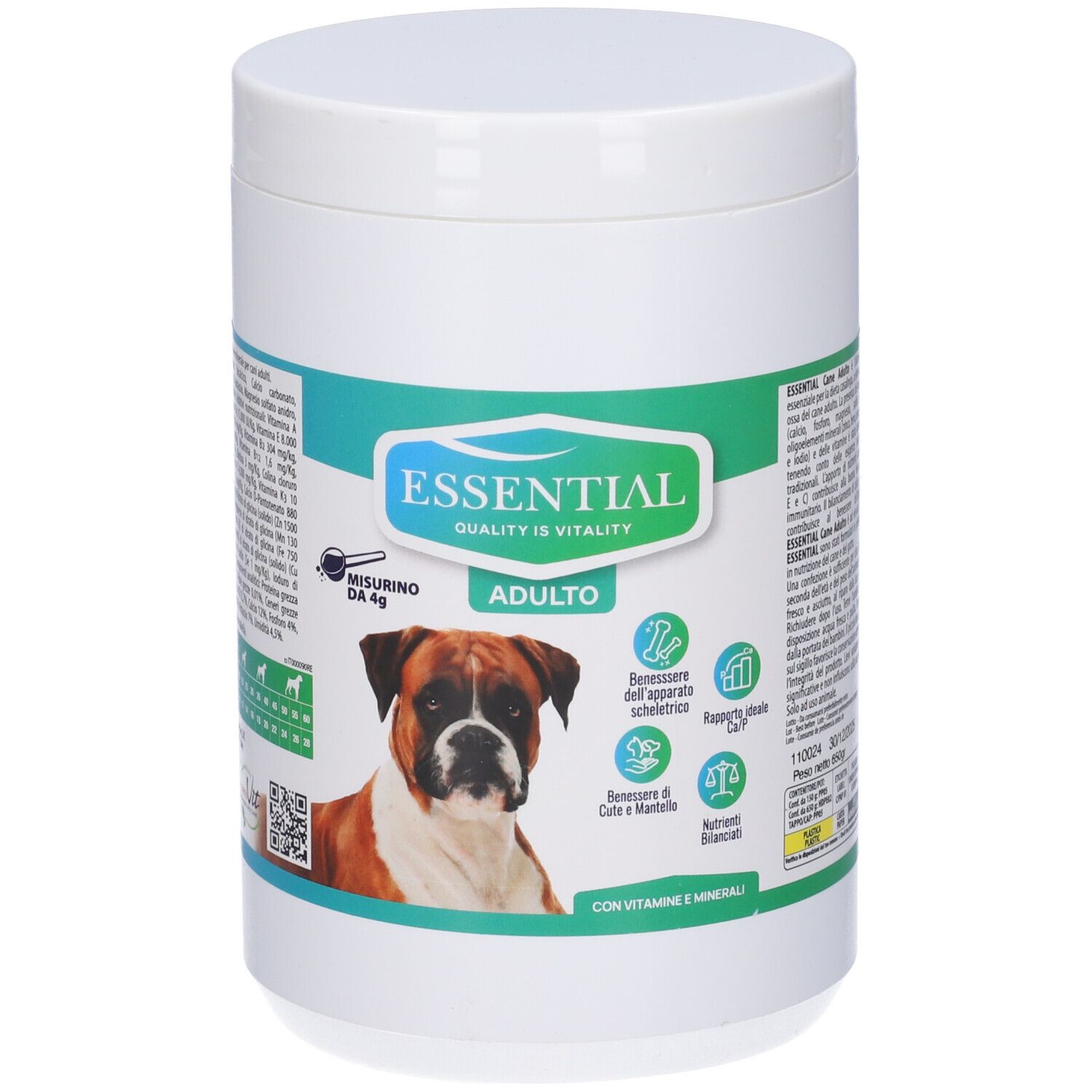 Contenitore bianco con scritta: ESSENTIAL Adulto. Immagine di un cane. Testo: Misurino da 4g. Con vitamine e minerali.