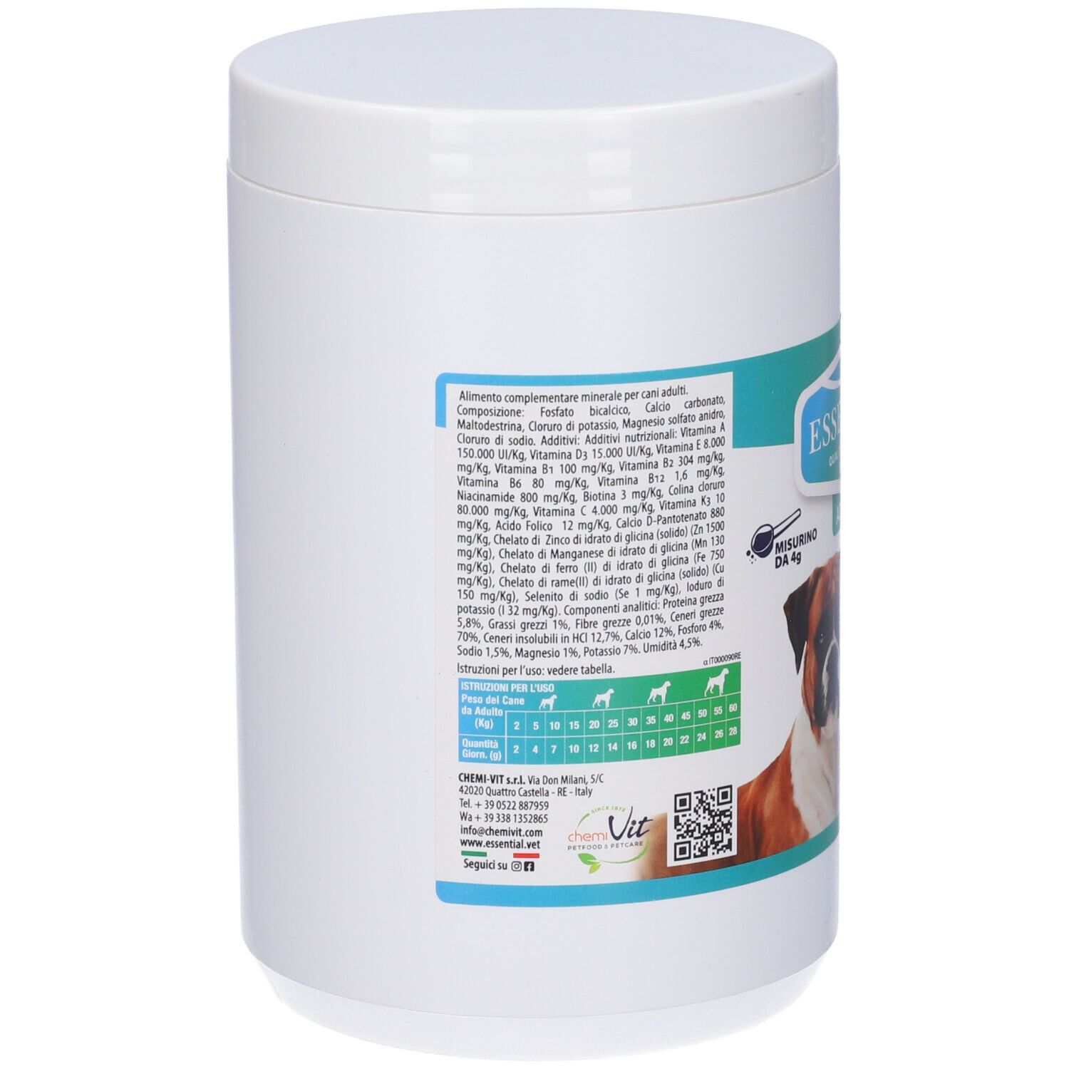 Contenitore bianco. Retro con testo e informazioni nutrizionali. Scritta: ESSENTIAL Adulto. Con vitamine e minerali.