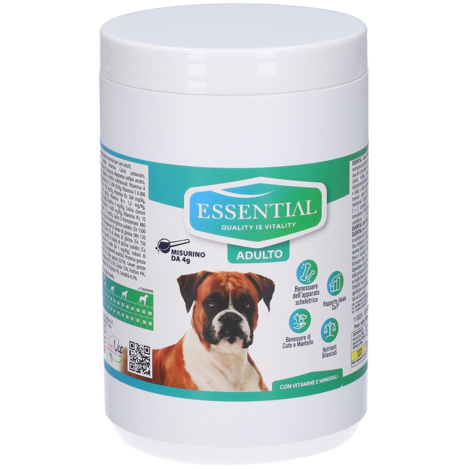 Contenitore bianco con scritta: ESSENTIAL Adulto. Immagine di un cane. Testo: Misurino da 4g. Con vitamine e minerali.