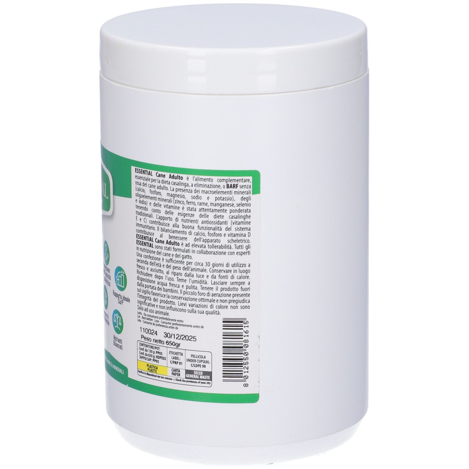 Contenitore bianco. Retro con testo e informazioni nutrizionali. Scritta: ESSENTIAL Adulto. Con vitamine e minerali.